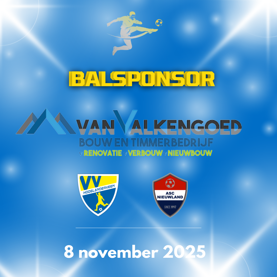 Zaterdag 8 november is Van Valkengoed bouw- en timmerbedrijf de balsponsor tegen ASC Nieuwland.