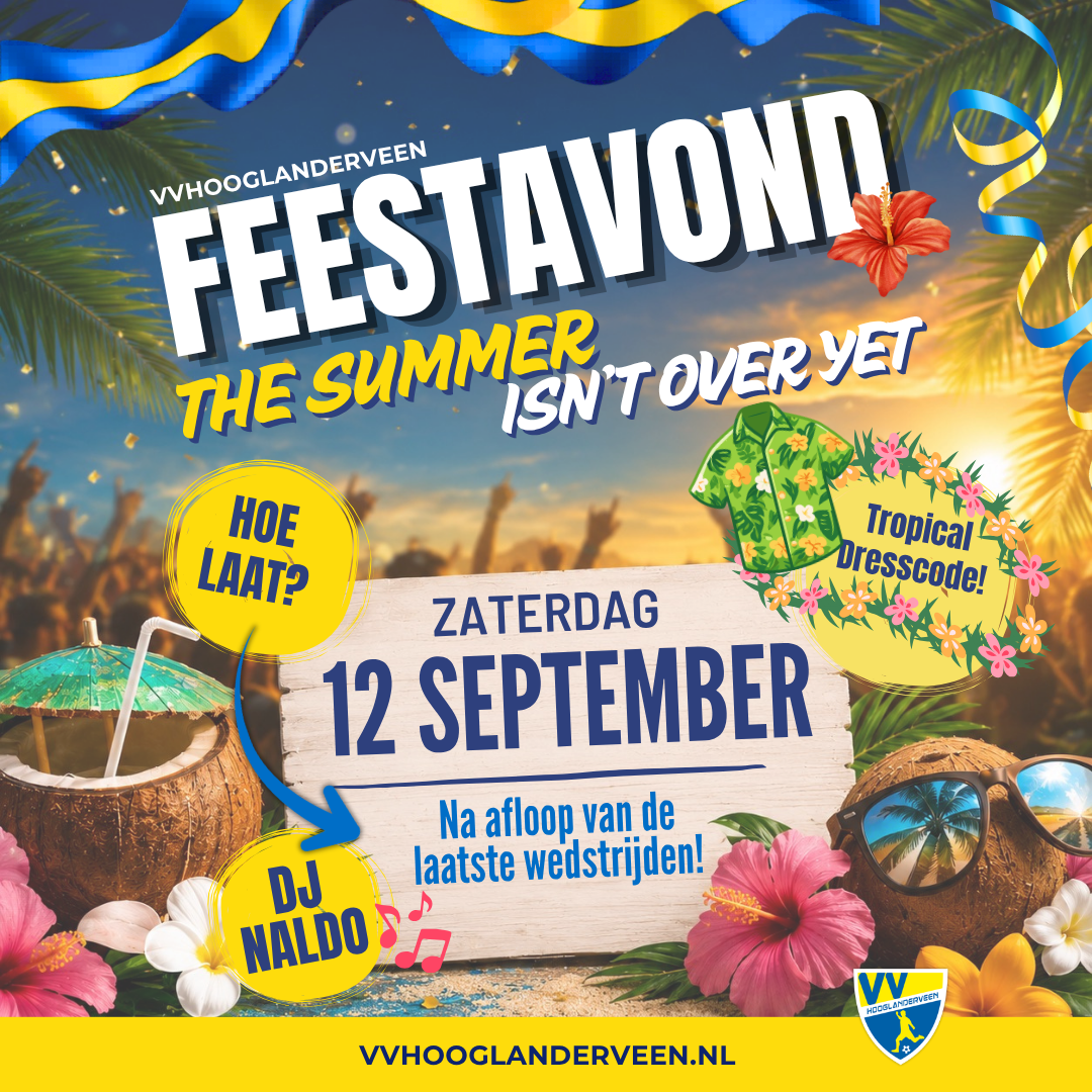 Zaterdag 12 september sluiten we de zomer af met een heerlijke nazomerfeestavond, georganiseerd door Dames 1!